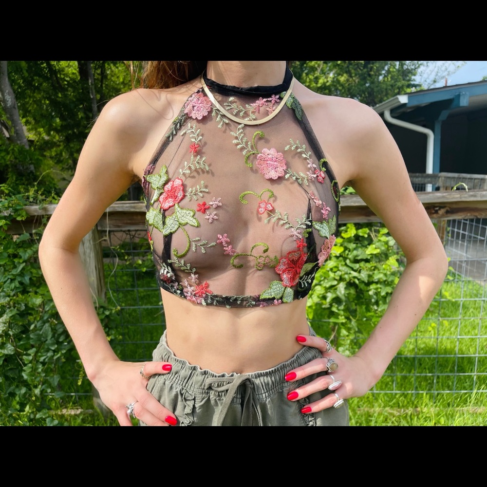 Mesh/Embroidered Halter Top